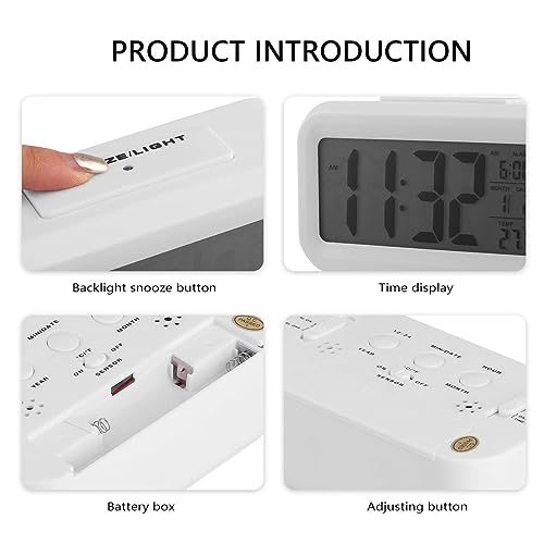 Kadio Digital Alarm Clock,Battery Operated Small Desk Clocks,with Date, Indoor Temperature,Smart Night Light,LCD Clock for Bedroom Home Office (White)