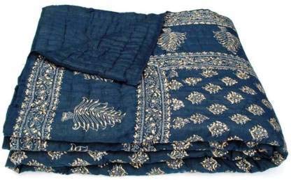 Slickcomfort Rajasthani Traditional Light Weight Pure Cotton Single Bed Soft Jaipuri Floral Print AC Quilt/Razai (Blue Dai Gold)