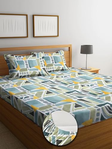 Mayas Collection Geometric Printed Fitted Bed Sheet Set, Blue, Green, Yellow