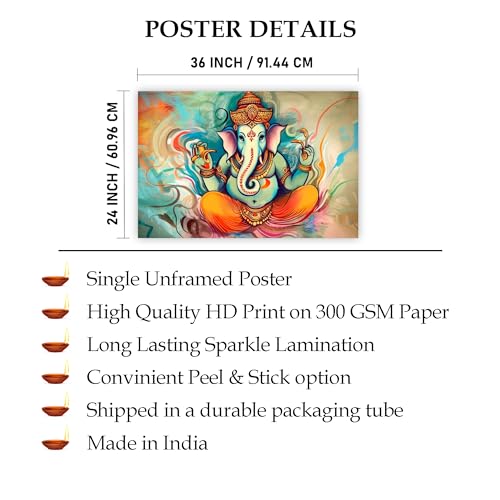 Indianara Rolled Sparkled Lord Ganesha Art Print for Room Décor Digital Reprint 36 inch x 24 inch Painting (10720PST)