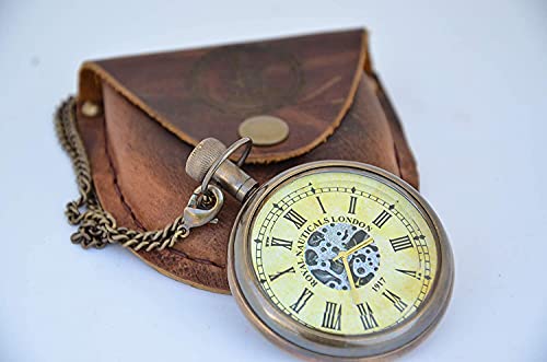 Handmade Antique Brass Clock Roman Numerals Clock with Chain and A Brown Leather Bag