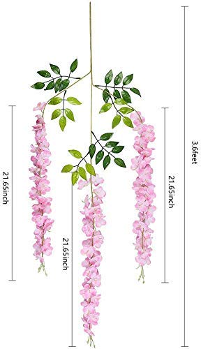 WELL ART GALLERY 6 Pack 3.75 Feet/Piece Artificial Fake Wisteria Vine Ratta Hanging Garland Silk Flowers String Home Party Wedding Decor (6PCS- Large Wisteria) (Pink, 12)