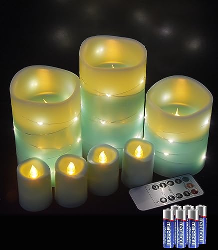 DANIP Green LED flameless Candle with Embedded Star String, 3+4-Piece Set of LED Candles, with 11 Button Remote Control, 24-Hour Timer Function, Flashing Flame, Real Wax, Battery Powered.