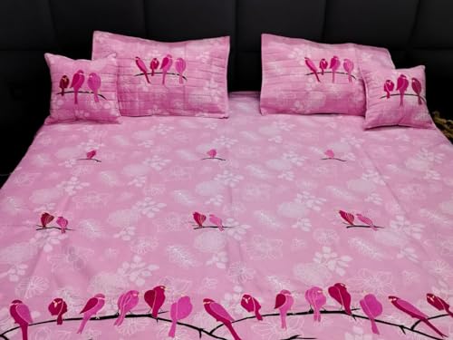 SHEYMOIL Presents Birds Patch Designer Cotton Double Bedsheet for Couples with 2 Pillow Cover and 2 cusions (Pink)