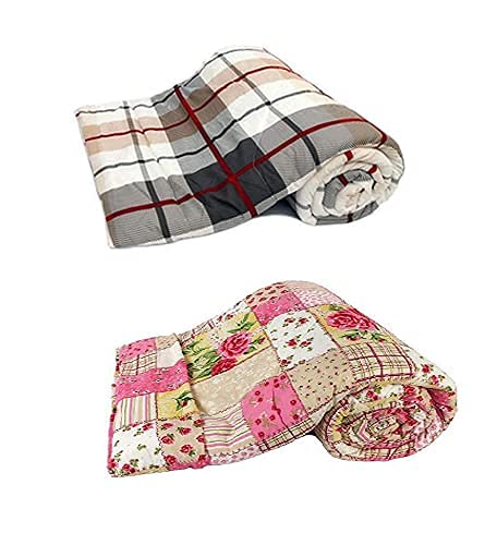 Magistic Beautiful Super Soft Flowers and Star Print Microfiber Reversible Single Bed AC Dohar/Blanket Combo Set of 2 Pc (White Gray Check and Pink Check Prints)