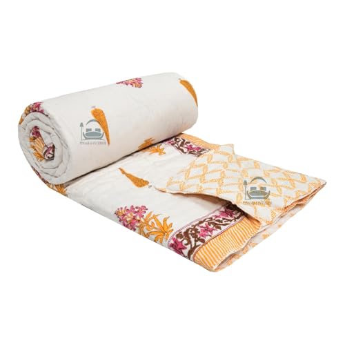 LOARSHY Cotton Hand Block Printed Pure Razai King Size Rajai/Quilts/Razzai - Yellow/Pink (Size 90X108 INCHES)