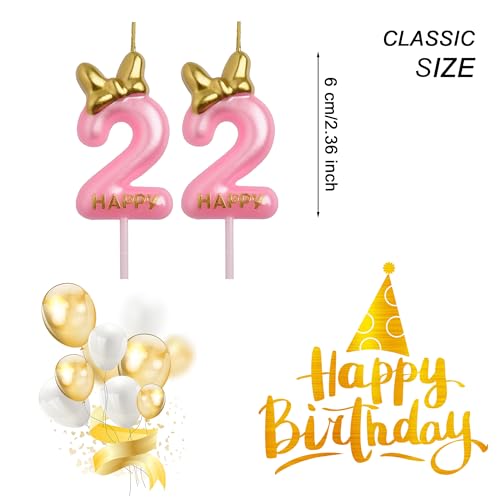 AOOLADA 22nd Birthday Candles, Pink 22 Year Old Number Birthday Candles, Happy Birthday Party Decorations Cake Topper Gifts for Men Women