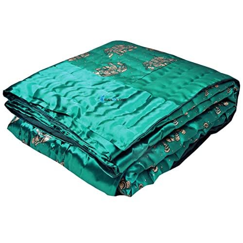 Indiafab Textiles Jaipuri Razai Rajasthani Traditional Silk Fabric Filling Pure Cotton Lightweight Winter and Summer Rajai Quilt Bedding Throw Blanket (Green Elephant Single Bed 60 X 90 INCHES)