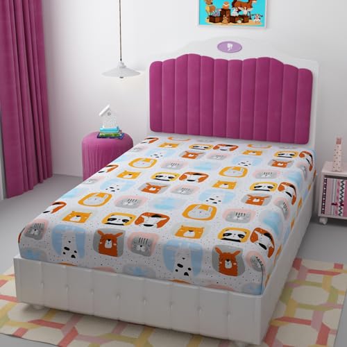 Prince Handloom 200 TC 100% Polycotton Cartoon Printed Supersoft Bedsheet Kids Room Elastic Fitted Single Bed Without Pillow Covers Soft/Breathable Wrinkel Free -48x72 Inches -Aqua