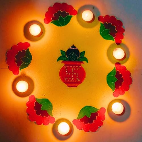 Ready Rangoli Cutouts - Elevate Your Rangoli with Zero Efforts - Kalash with Traditional Green Leaves and Coconut - Set of 8- Customization Available in Colour (Yellow/Orange/Red) (8)
