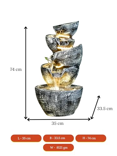 Sowpeace Multi-Bowl Stone Water Fountain – Cascading Waterfall Feature showpiece, Set of 1 Premium Resin Made Table Top Home Decor for Living Room and Gifting(35 cm,Grey)