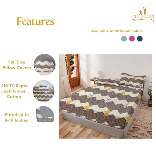 DREAMLET Bedsheet for King Size, Fitted Bedsheet for King Size Bed, King Size Bedsheet, 210 TC Glace Cotton Bedsheet with 2 Pillow Covers (Fitted, Grey and Yellow)