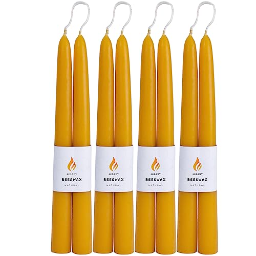 AGLARY 8PCS Beeswax Taper Candles, 9" Handmade Natural Candles, Dripless and Smokeless，10 Hour Burn Time