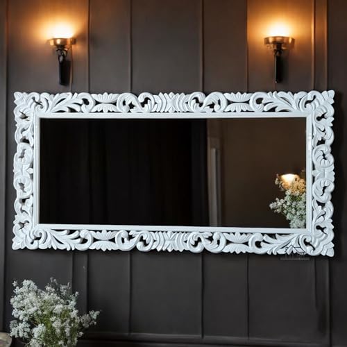 AESTHETIC DECOR Wooden(4x2.5) ft Carved Wall Mirror Frame Solid Mango Wood, | with Out Mirror | Crown Pattern White Deco