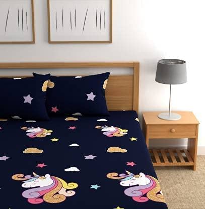 Precise Fabrics Cotton Elastic Fitted Bedsheet for Kids Room | King/Double Bed Bedsheet with 2 Pillow Cover | 200TC Cartoon Printed Bedsheet for Kids (72"x78" Upto 6 Inches, Blue Unicorn)