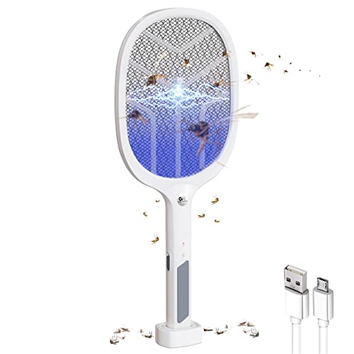 GIGAWATTS Autokill 2-in-1 Mosquito Racket 1200mAh Battery USB Charging LED Light Insect Bugs Trap Fly Swatter for Indoor Home Outdoor (White, 6-Months Warranty, Charge Before First USE)