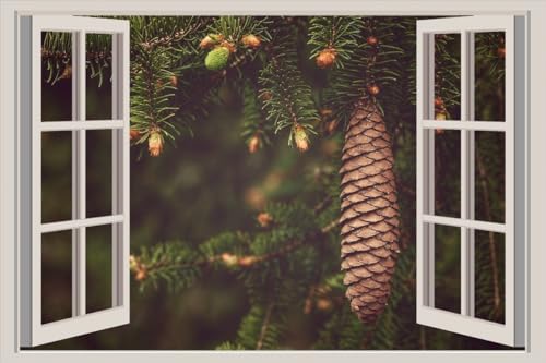 JVERF - JZZA19439 Closeup Branches Spruce Pine Cone Bokeh| Self-Adhesive Open Window Wall Sticker