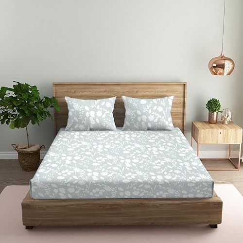 Oak & Lily Queen Size Bedsheet in 180 TC with 2 Large Pillow Covers | Florence Blossoms Blue Design | Bed Sheet for Double Bed | 90" x 100" | 100% Cotton Bed Cover | Washable | European Quality