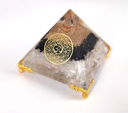 White Whale Selenite-Black Agate Orgone Pyramid Energy Generator Reiki Healing Crystal Chakra with Gold Stand Feng Shui Pyramid