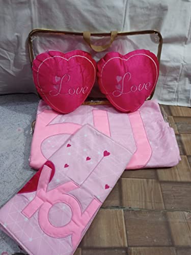 PRISCILLA Designer I Love You Patch Cotton Double Bedsheet for Couples with 2 Pillow Covers and 2 Heart Cushion. (Pink)