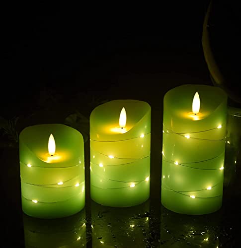 DANIP Green LED flameless Candle with Embedded Star String, 3-Piece Set of LED Candles, with 11 Button Remote Control, 24-Hour Timer Function, Dancing Flames, Real Wax, Battery Powered. (Green)