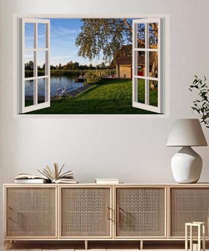 JVERF - JZZA24937 Netherlands Houses Pond Ducks Utrecht Trees Grass| Self-Adhesive Open Window Wall Sticker