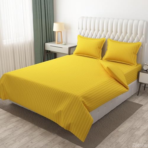 Cool Dealzz 300 TC Hotel Quality 100% Cotton Satin Strip Super Queen Size Double Bed Sheet Set (1 Sheet and 2 Pillow Covers)(95x95 Inches) (Super Yellow)