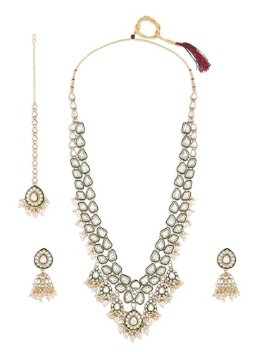 ZAVERI PEARLS Green Meenakari Kundan Bridal Long Dazzling Necklace Earring Maangtikka Set For Women-ZPFK17761