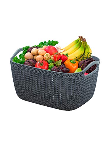 Kuber Industries Q-6 Unbreakable Plastic Flexible Large Storage Baskets with Handles|Wovan Design & Flexible Plastic Material|Size 29 x 22 x 16 CM (Grey)