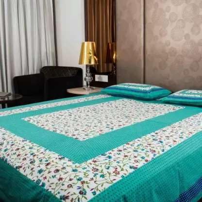 140Tc Pure Cotton Double BedSheet with Two Pillow Covers | 90 X 100 Inches |EXL-342|(Sea Green)