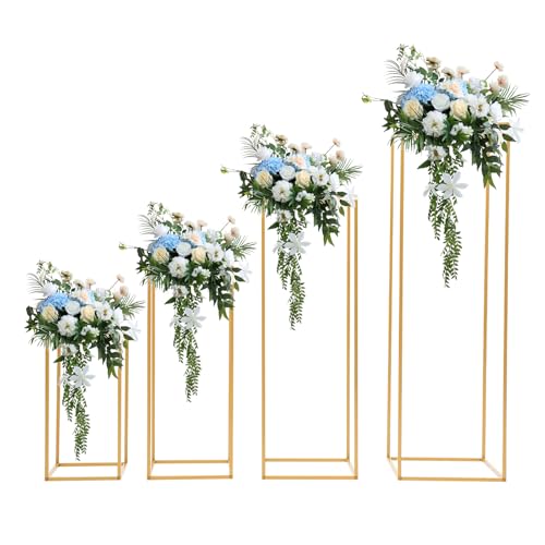 BJTDLLX 4 Pcs Gold Wedding Flower Stand, Metal Vase Column Stand Geometric Centerpiece Vase Detachable Wedding Flower Vase Holders for Wedding Party Event Decoration (Set of 4)