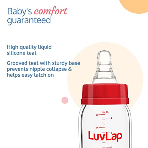 LuvLap Essential Slim Neck Glass Feeding Bottle, 125ml, 0m+/Babies Upto 3 Years, Made of Borosilicate Glass, BPA Free, Ergonomic Shape is Easy to Hold, with Anti Colic Nipple, Pack of 2, White & Red