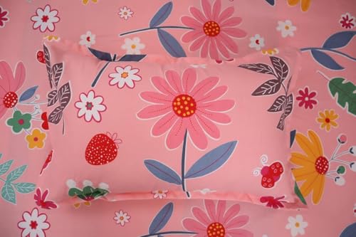 Amvy Creation Prime Collection 160TC Supersoft Glace Cotton Single Bedsheet with 1 Matching Pillow Cover (Multicolour, Size 60 x 90 Inch) - Pink with Leaves Flowers1 - Gold Single