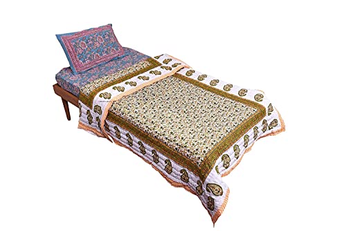 SIBLEY 400 TC Jaipuri Light Weight Pure Cotton Traditional Rajasthani Print Color Yellow Buta Quilt/Razai/Rajai (Single Bed - Set of 1)