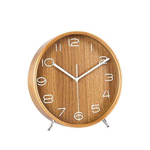 KAMEISHI 8 Inch Wood Desk Clocks Battery Operated for Living Room Bedroom Bedside Kitchen Round Decor Table Clock Silent Non Ticking Quiet Sweep Second Hand Quartz Large Numerals KSZ821 Walnut