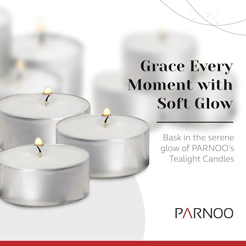 100 Pack Tealight Candles in Metal Cups - Clean, White Unscented Tealight Candles with 4.5 Hour Long Burning Time - Votive Candles Bulk for Romantic Dinner, Weddings, Spa & Hotels by PARNOO