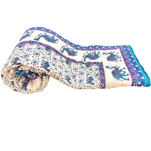 fashhub Rajasthani Traditional Cotton Jaipuri razai rajai ac Blanket Blue Camel Animal Print with Floral Design Single Bed Jaipuri Quilt 55 x 85 inch (Blue) Reversible (Both Sided)