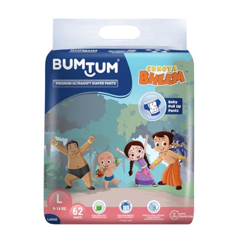 Bumtum Chota Bheem Large Baby Diaper Pants, 62 Count, Leakage Protection Infused With Aloe Vera, Cottony Soft High Absorb Technology (Pack of 1)