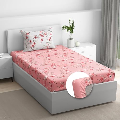 100% Cotton 152 TC Fitted Bedsheet with 1 Pillow Cover | Sakura Single, 72" x 30", Sakura| 1.83m x 76cm