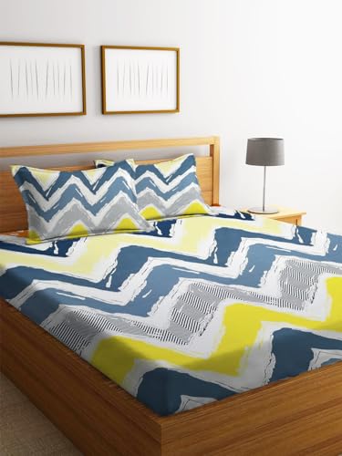 IVAZA 220 TC Cotton Feel Ezyption Cotton Double Bedsheet King Size -with 2 Pillow Covers - Rotary Printed, Hypoallergenic, Wrinkle Free (90 x 90 Inches | Yellow Zig zag