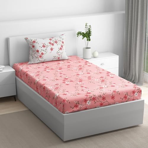 100% Cotton 152 TC Fitted Bedsheet with 1 Pillow Cover | Sakura Single, 72" x 30", Sakura| 1.83m x 76cm