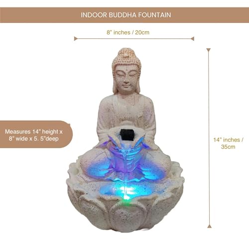 AYUZ Collections Presents Lotus Buddha Water Fountain Tranquil Water Feature with Led Lights,Tabletop Water Fountain for Home, Office, Living Room Decor (White) 14 Inches