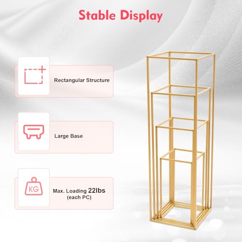 BJTDLLX 4 Pcs Gold Wedding Flower Stand, Metal Vase Column Stand Geometric Centerpiece Vase Detachable Wedding Flower Vase Holders for Wedding Party Event Decoration (Set of 4)