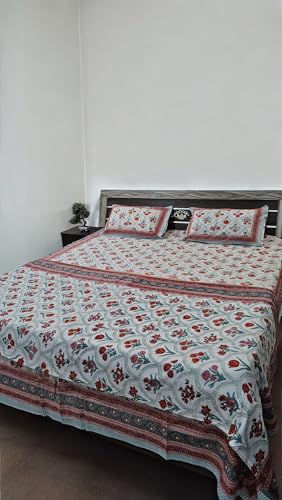 Cotton Double Bed Dohar with Floral Print, Red and Green