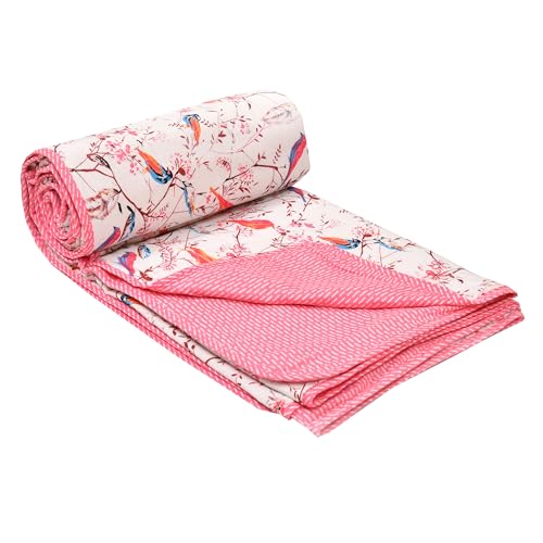 BED-SHEET.COM 150 GSM 100% Mulmul Parakeets Single Bed Reversible Blanket/Duvet/Quilt/AC Dohar(90" X 60"), Pink