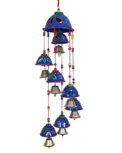 Urbane Home Rajasthani Design Handcrafted Hanging Windchimes|Latkan with 8 Bells for Home Décor & Positive Energy (Blue)