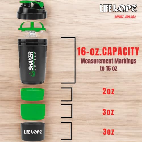 LIFELOPE Spider Gym Shaker Bottle, Shakers for Protein Shake with 2 Storage Compartment Gym protein shaker for workout (High Density Polyethylene, Pack of 1) (Green & Black)