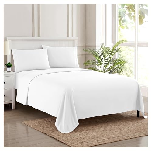 RV Queen Bed Sheets - Breathable Luxury Sheets with Full Elastic & Secure Corner Straps Built In - 1800 Supreme Collection Extra Soft Deep Pocket Bedding Set, Sheet Set, RV Short Queen, White