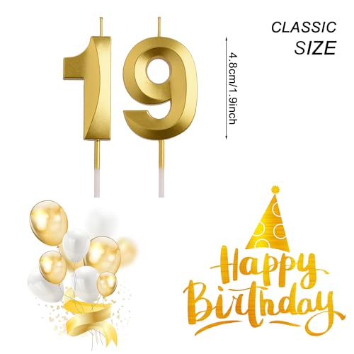 AOOLADA 19th Birthday Candles, Gold 3D Number 19 Happy Birthday Candles, Cake Topper Decorations for Teenagers Boys Girls