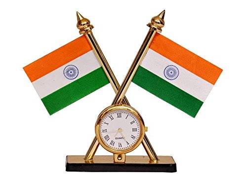 Indigo Creatives Table Top Clock with Two Inbuilt Official Style Crossed Pair of Indian Flags